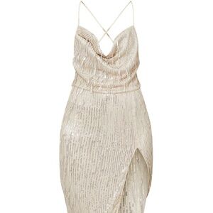 Silver Cowl Neck Tassel Sequin Maxi Dress
